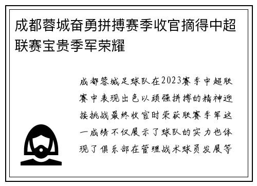 成都蓉城奋勇拼搏赛季收官摘得中超联赛宝贵季军荣耀 成都蓉城奋勇拼搏赛季收官摘得中超联赛宝贵季军荣耀