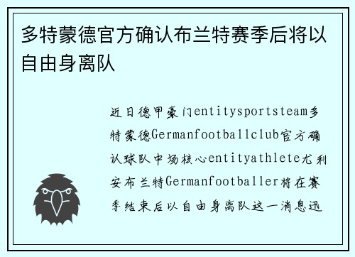 多特蒙德官方确认布兰特赛季后将以自由身离队 多特蒙德官方确认布兰特赛季后将以自由身离队