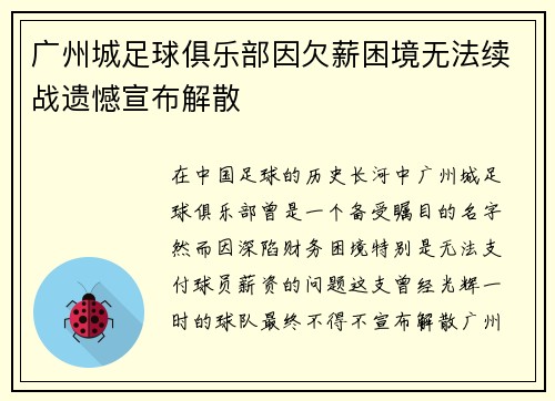 广州城足球俱乐部因欠薪困境无法续战遗憾宣布解散